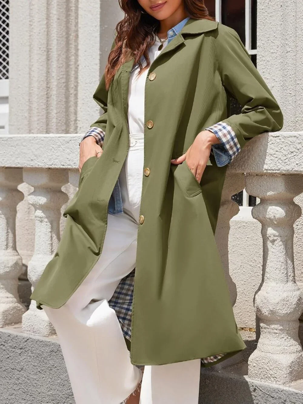 Women's Green Long Sleeve Oversized Single Breasted Windproof Winter Trench Coat